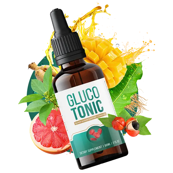 GlucoTonic bottle with natural ingredients supporting healthy blood sugar and energy levels.